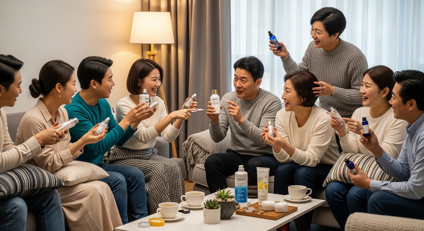 다양한 사람들이 거실에서 피부 관리 경험을 공유하는 장면
