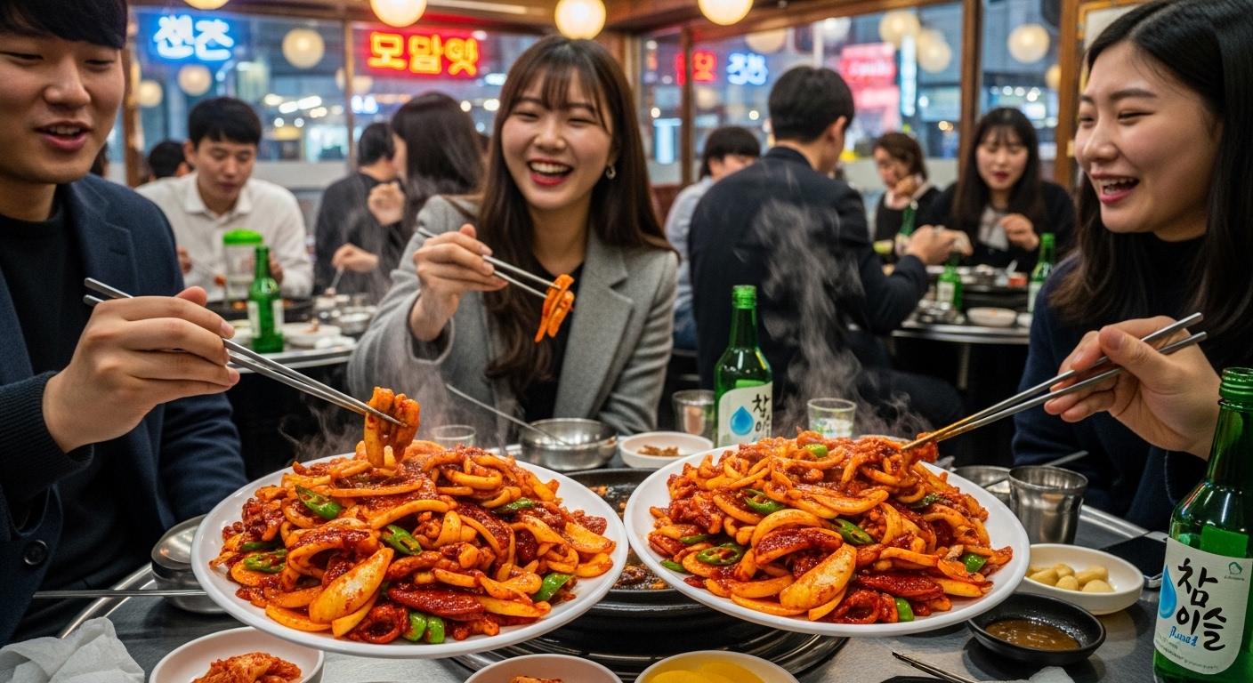 영통역 근처 식당에서 바쁜 직장인과 대학생들이 매콤한 오징어볶음을 즐기는 모습