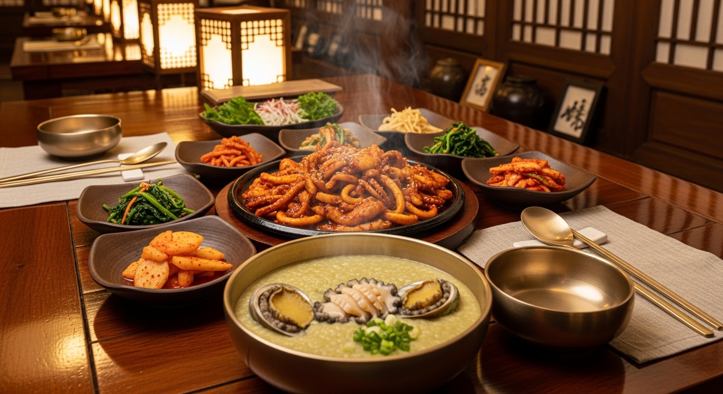 따뜻한 분위기의 한국식 전통 레스토랑 내부에서 전복죽과 함께 제공되는 오징어볶음