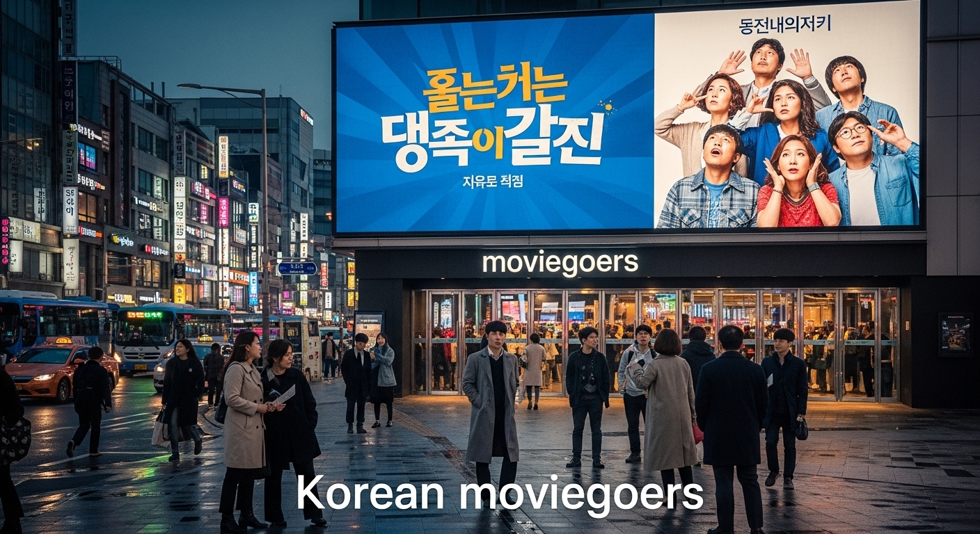 서울의 현대적인 극장에서 '윗집 사람들' 포스터와 관객들이 입장하는 모습