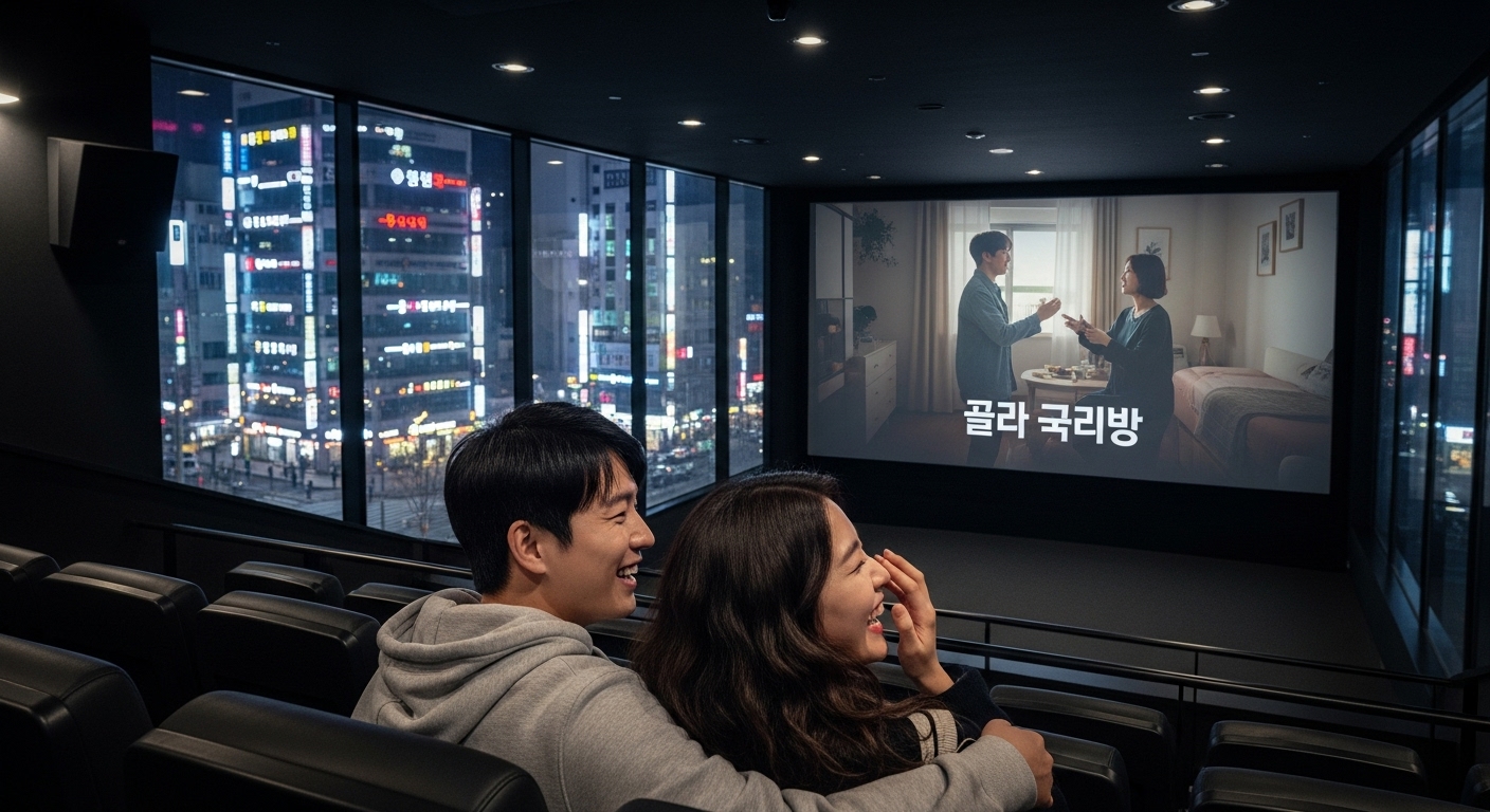 젊은 부부가 극장에서 영화를 보며 웃고 즐기는 모습과 도시 야경