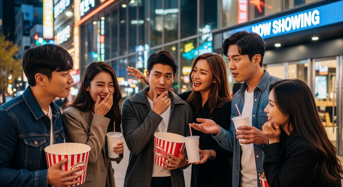 극장 밖에서 친구들이 모여 영화에 대해 토론하는 장면