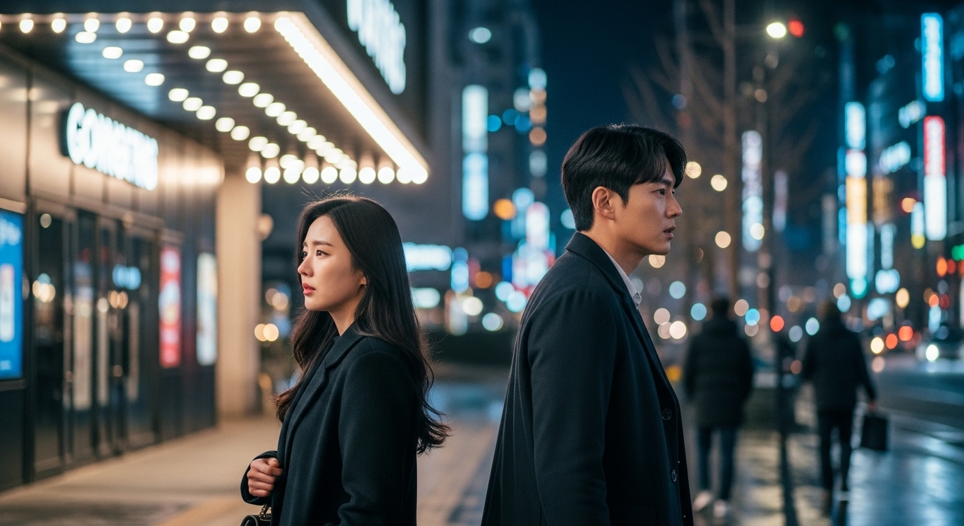 영화관에서 서로 다른 방향을 바라보며 침묵하는 한국 커플