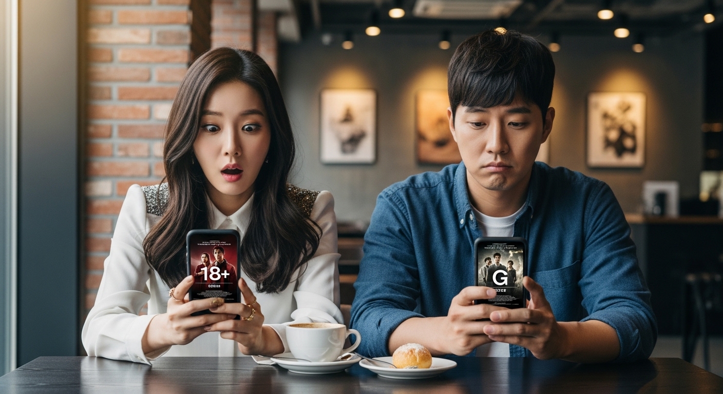 카페 테이블에서 스마트폰으로 다른 영화 평점을 확인하는 두 한국인의 모습