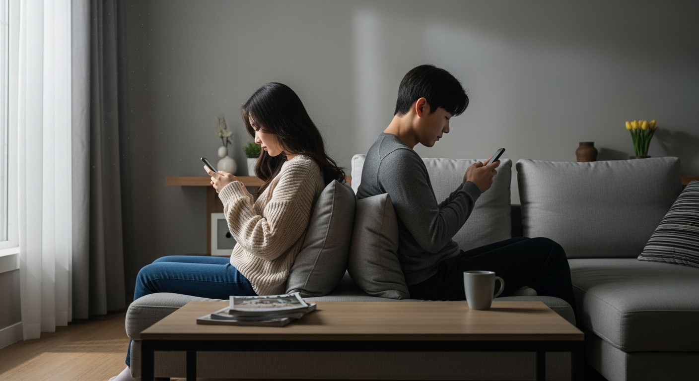 거실 소파에 등을 맞대고 앉아 각각 휴대폰을 보는 한국 커플