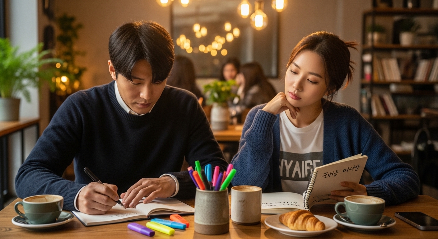 카페 테이블에서 영화 토론 준비를 위해 노트와 펜을 들고 있는 한국 커플