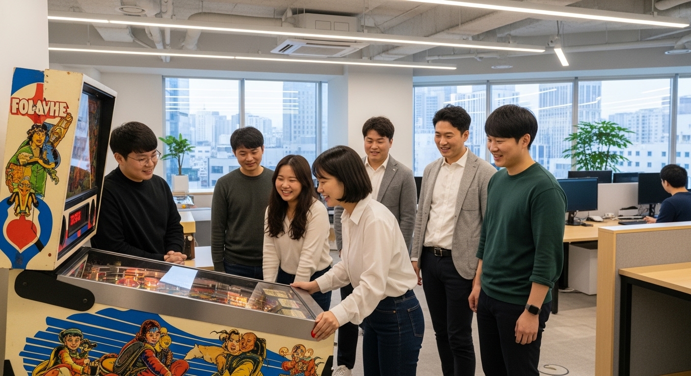 현대적인 사무실에서 동료들이 핀볼 게임을 즐기는 장면