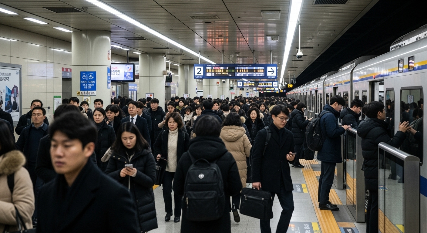 출퇴근 시간대에 혼잡한 온양온천역 플랫폼