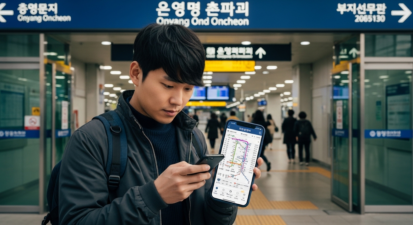 스마트폰 앱으로 열차 시간을 확인하며 출퇴근 시간을 피하려는 승객