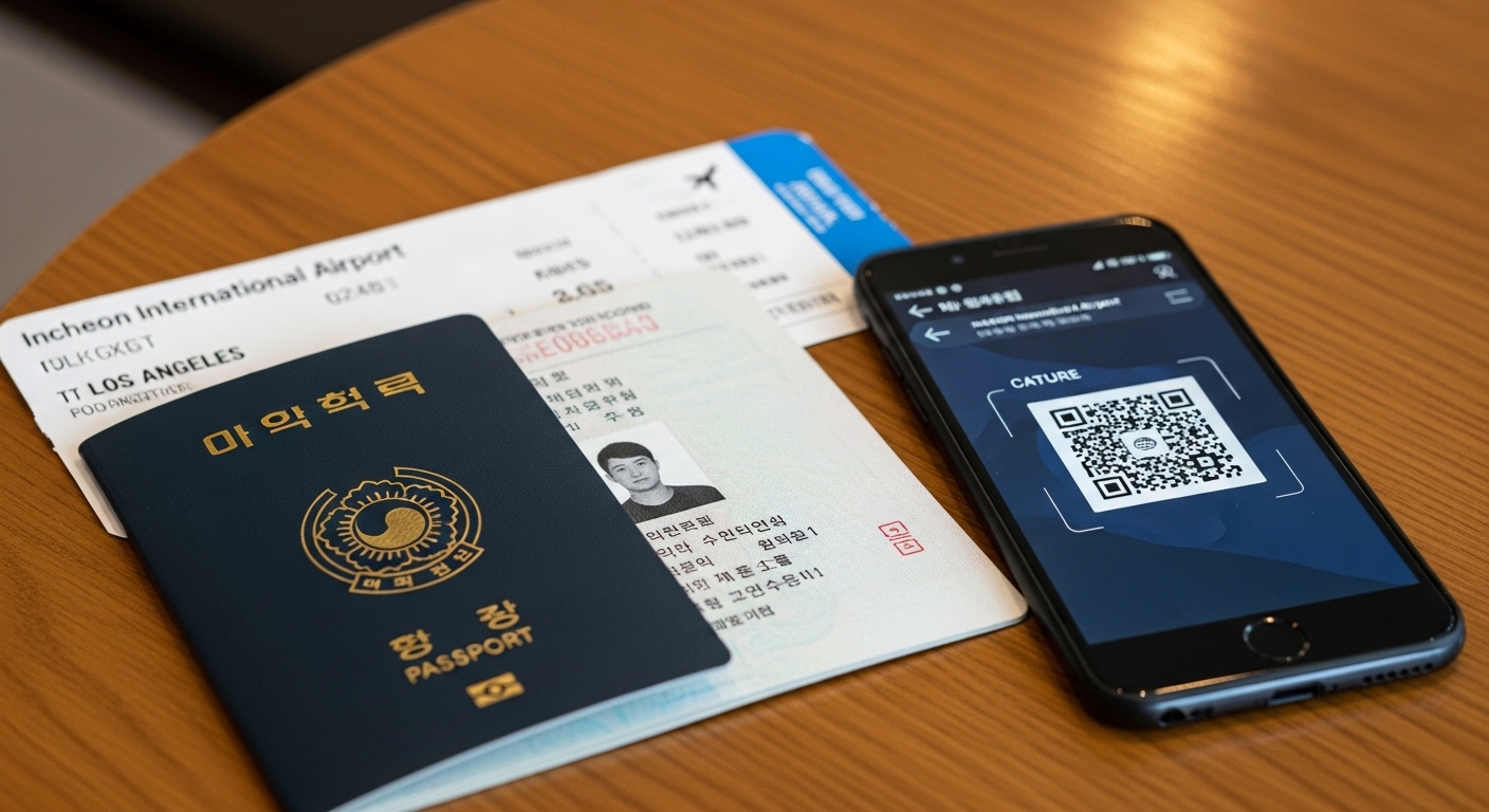 테이블 위에 놓인 여권과 항공권, 스마트폰 화면에 QR 코드 캡처 화면