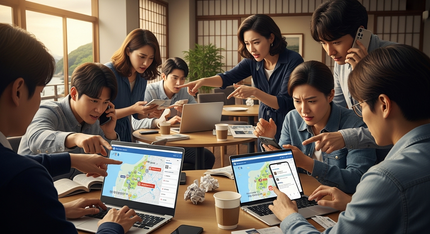 대마도 숙소 예약을 위해 스마트폰과 노트북을 사용하는 관광객들