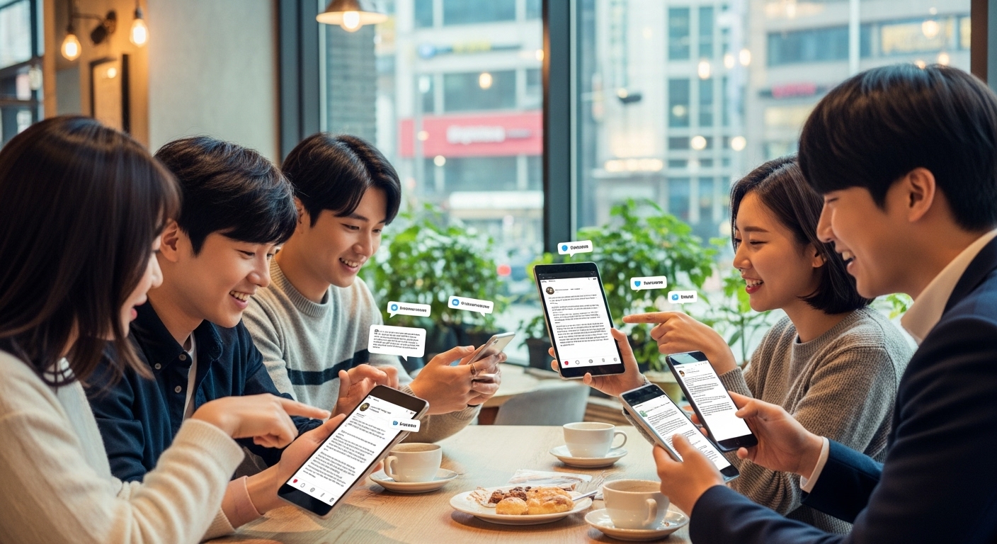 젊은 사람들이 스마트폰과 태블릿으로 '모순'의 구절을 SNS에 공유하며 활발히 토론하는 장면