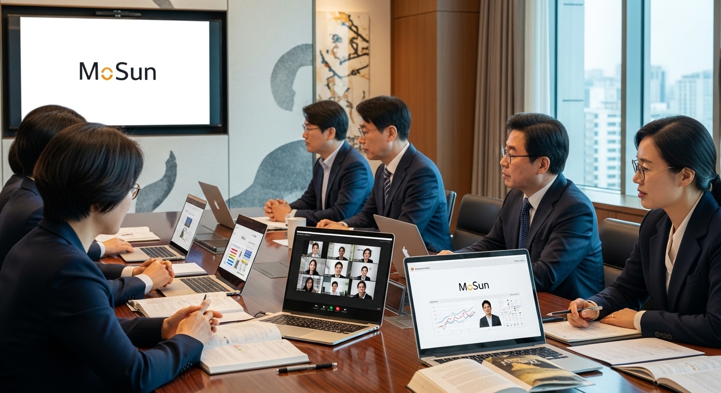 고급 회의실에서 국제 출판사들과 화상회의를 통해 '모순'의 세계적인 출간 가능성을 논의하는 출판사 임원들