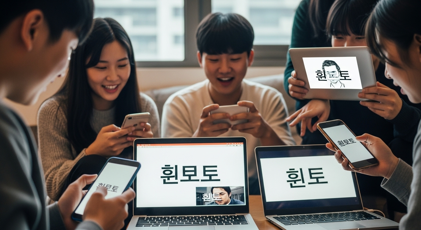 한국 인터넷 사용자들이 스마트폰과 노트북으로 밈 문화에 대해 토론하는 장면