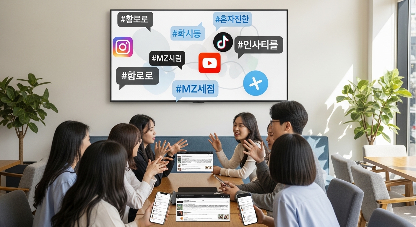 젊은 한국인들이 카페에서 '혼모노'의 변화를 논의하는 모습