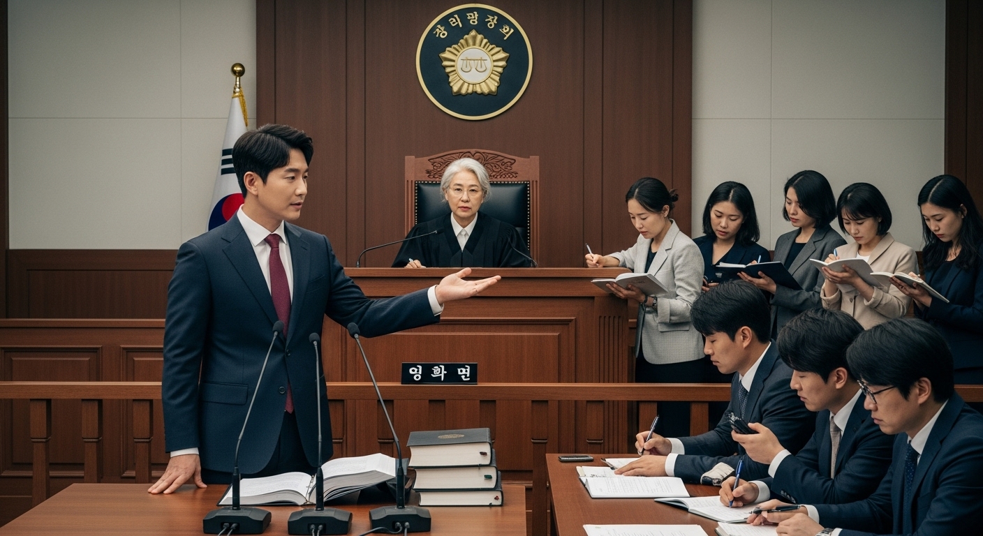법정에서 변호사가 발언하고 있는 모습과 그 뒤로 노트 필기를 하는 기자들