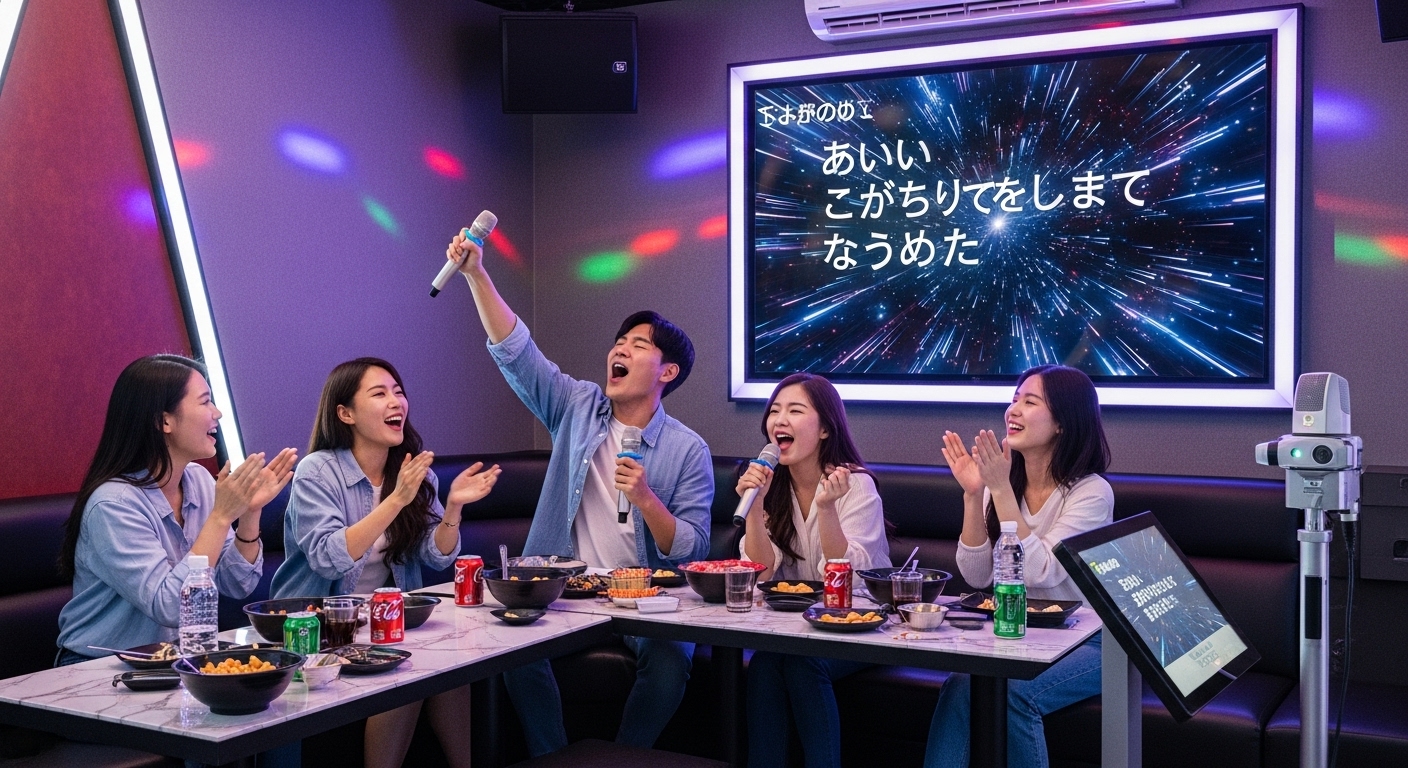젊은 한국인들이 신나게 노래하는 현대적인 노래방 모습