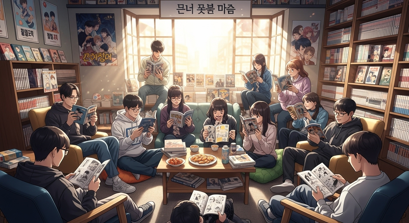 서점에서 다양한 독자들이 만화를 읽으며 새 권을 기대하는 모습