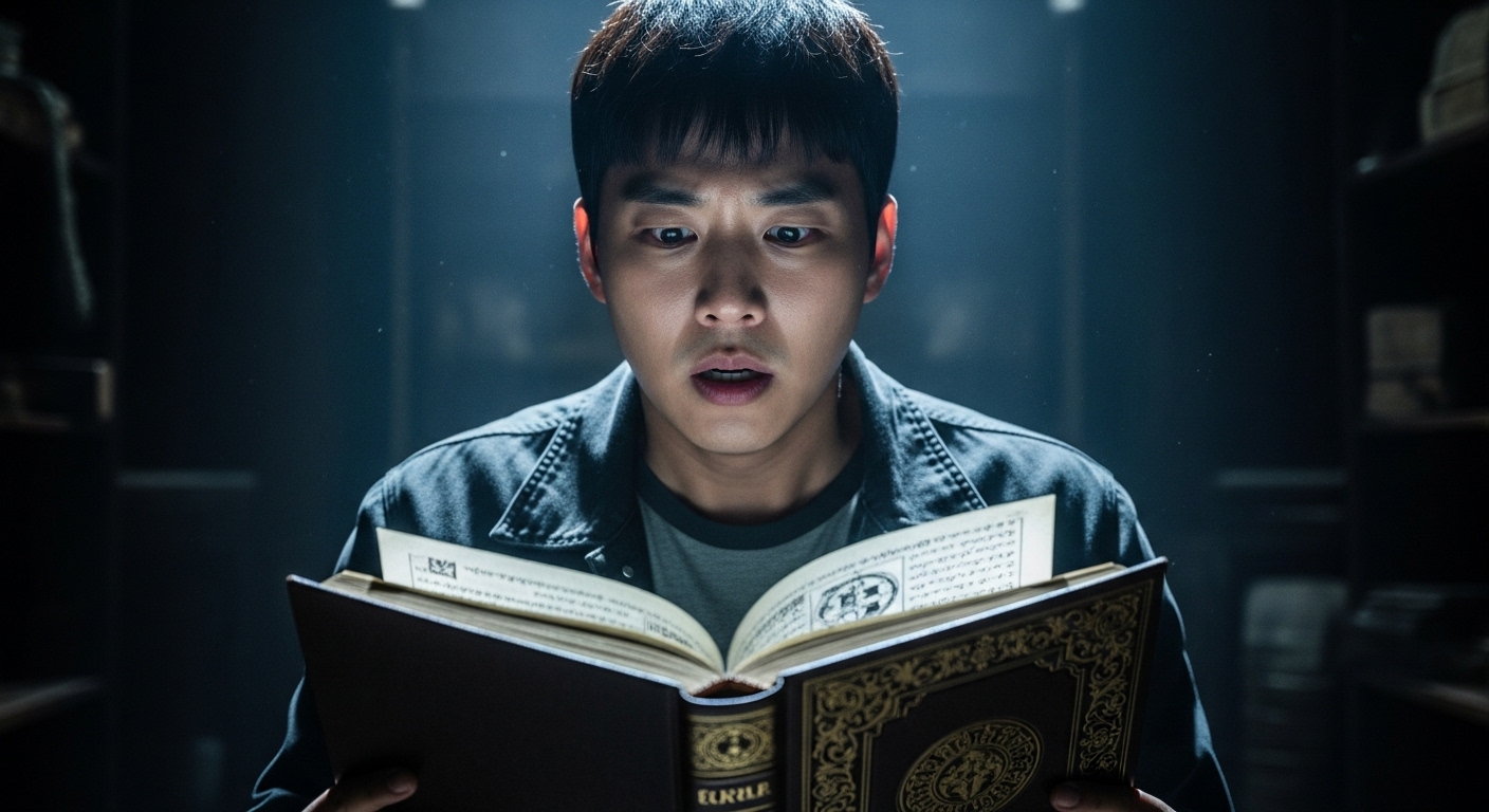 젊은 주인공이 비밀을 발견하며 충격을 받는 극적인 장면