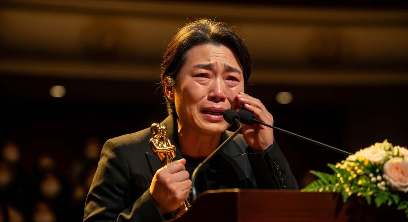 시상식 연단에서 감정적으로 수상 소감을 전하는 한국 아티스트