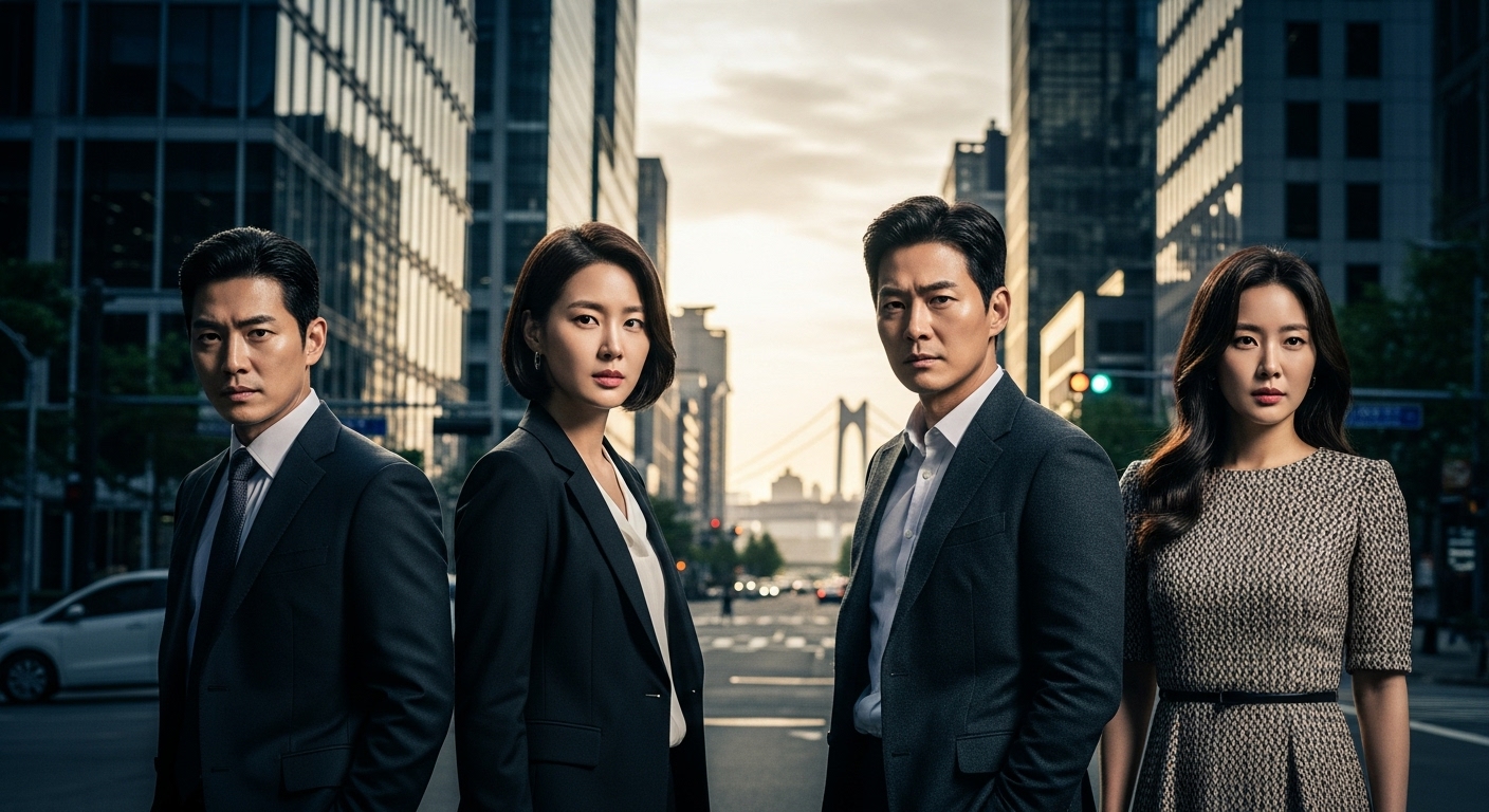 네 명의 한국 배우들이 도시 배경 속에서 강렬한 표정을 짓고 있는 모습