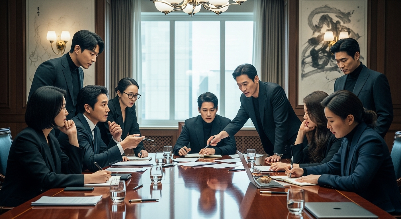 고급 회의실에서 전략을 논하는 한국 배우들의 모습