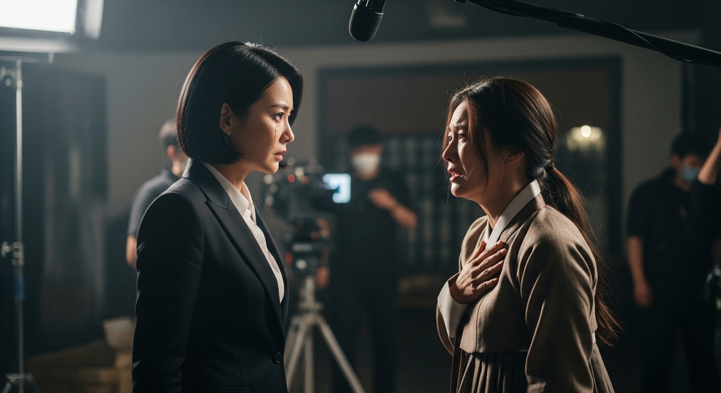 서로 다른 연기 스타일을 보여주는 두 여배우의 촬영 현장