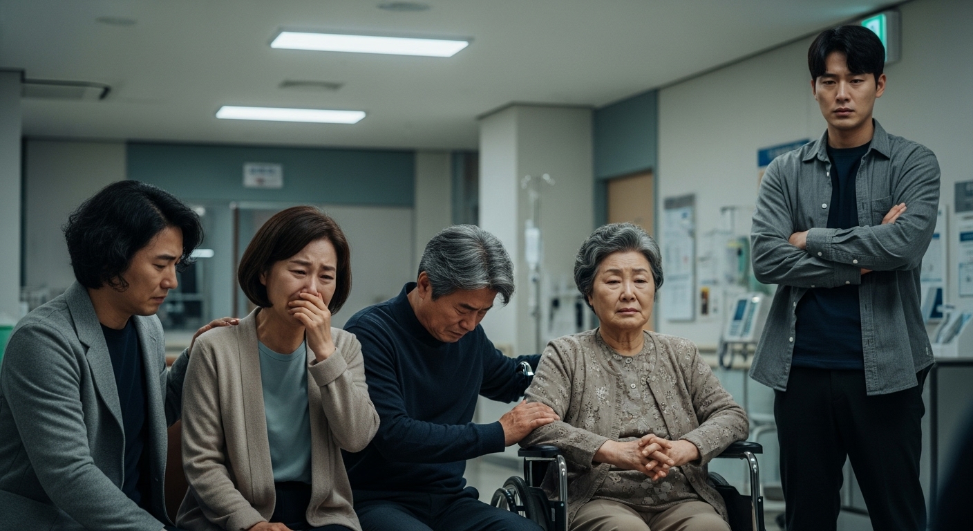 병원에서 슬픔에 잠긴 한국 가족 구성원들이 눈물을 흘리는 모습