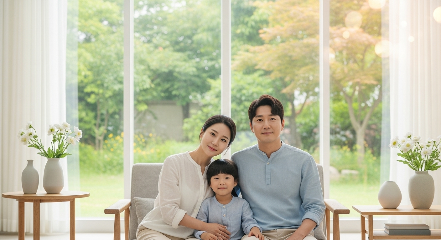 상실 후 새로운 시작을 준비하며 집에서 희망 가득한 표정을 짓고 있는 한국 가족