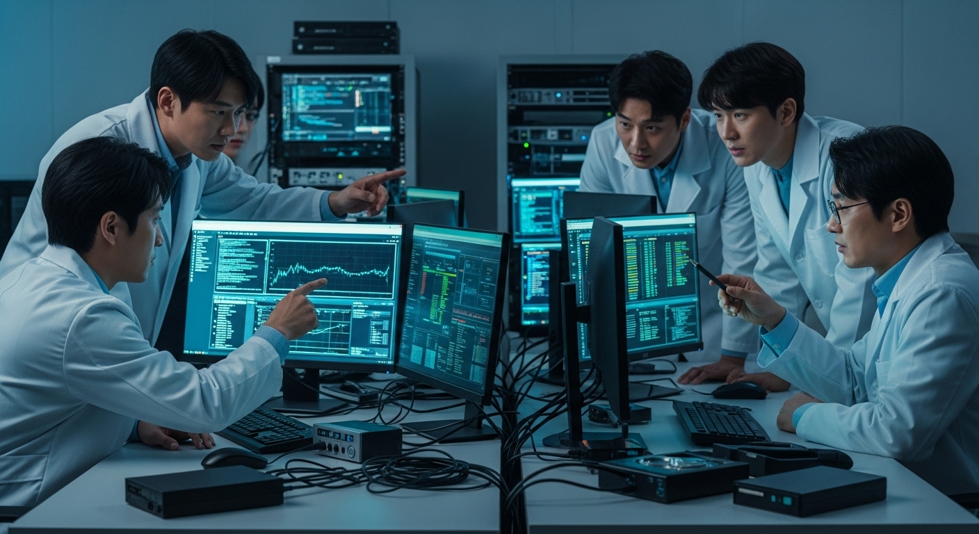 디지털 증거를 분석하는 포렌식 전문가들의 모습