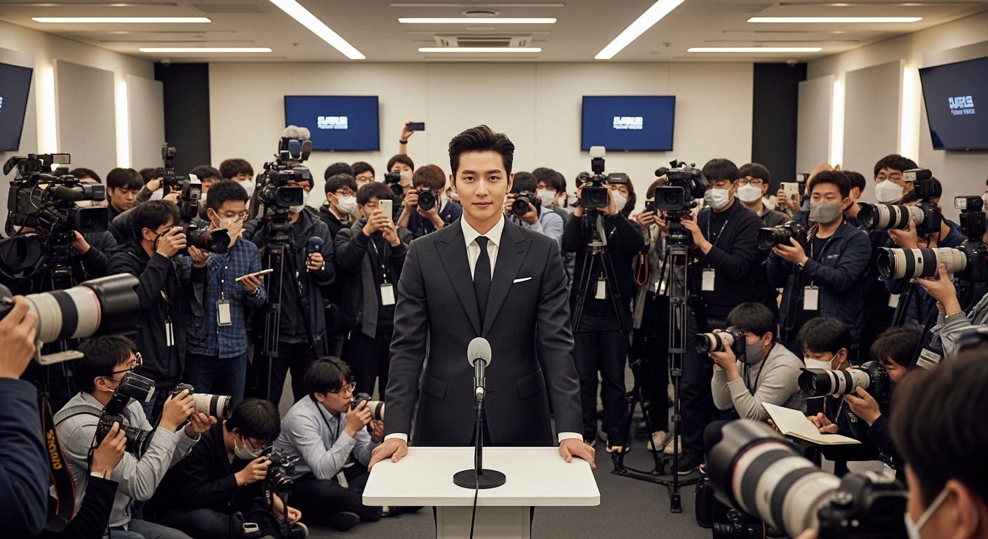 프레스 컨퍼런스에서 사생활 루머에 대해 언론을 대하는 한국 연예인의 모습