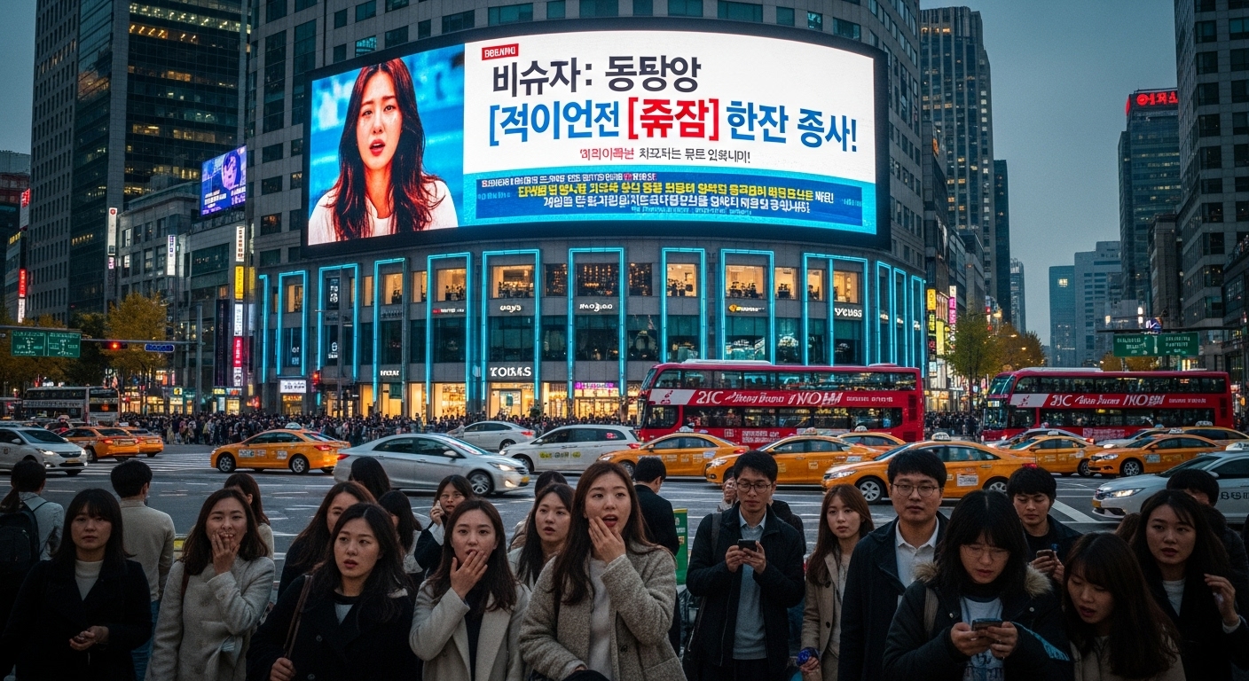 서울 도심 대형 전광판에 한국 연예계 스캔들 뉴스가 보도되는 모습
