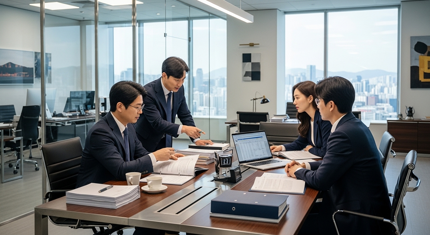 현대적인 사무실에서 변호사들이 명예훼손 사건 전략을 논의하는 모습