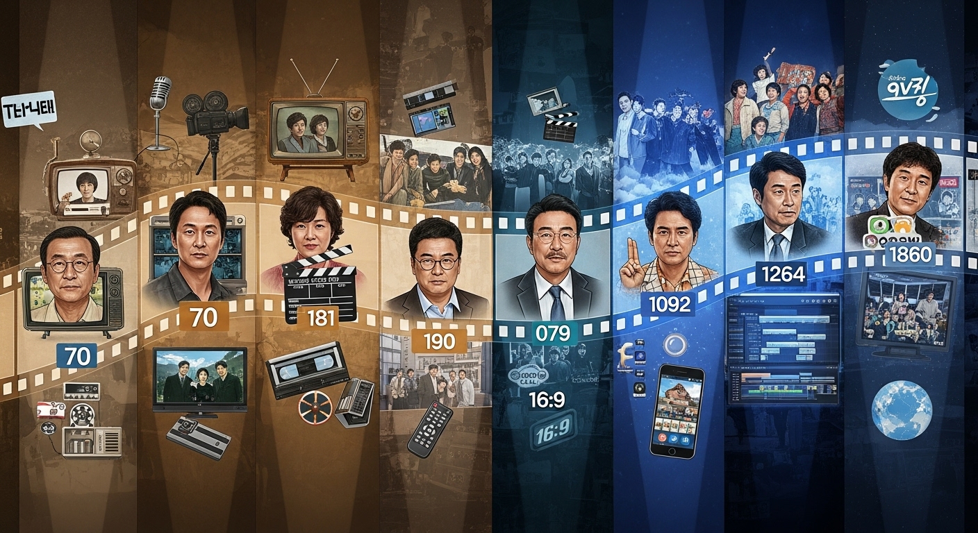 한국 TV 쇼의 역대 피디들의 변화를 시간 순서대로 시각화한 창의적인 콜라주