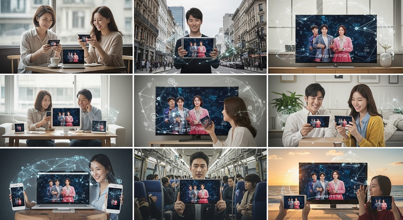 다양한 사람들이 전 세계에서 여러 기기로 TV 쇼를 시청하는 모습