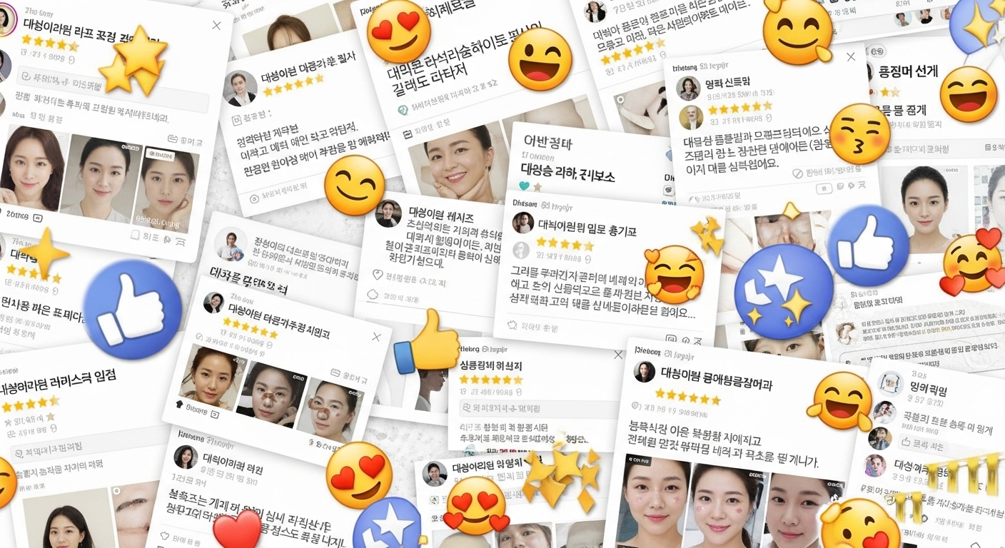 한국 소셜 미디어 게시물과 사용자 후기가 담긴 화면 콜라주