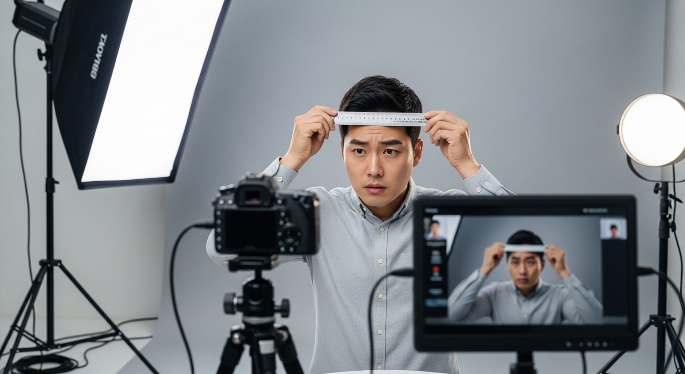 한국 남성이 사진 스튜디오에서 자로 머리 길이를 조정하는 모습