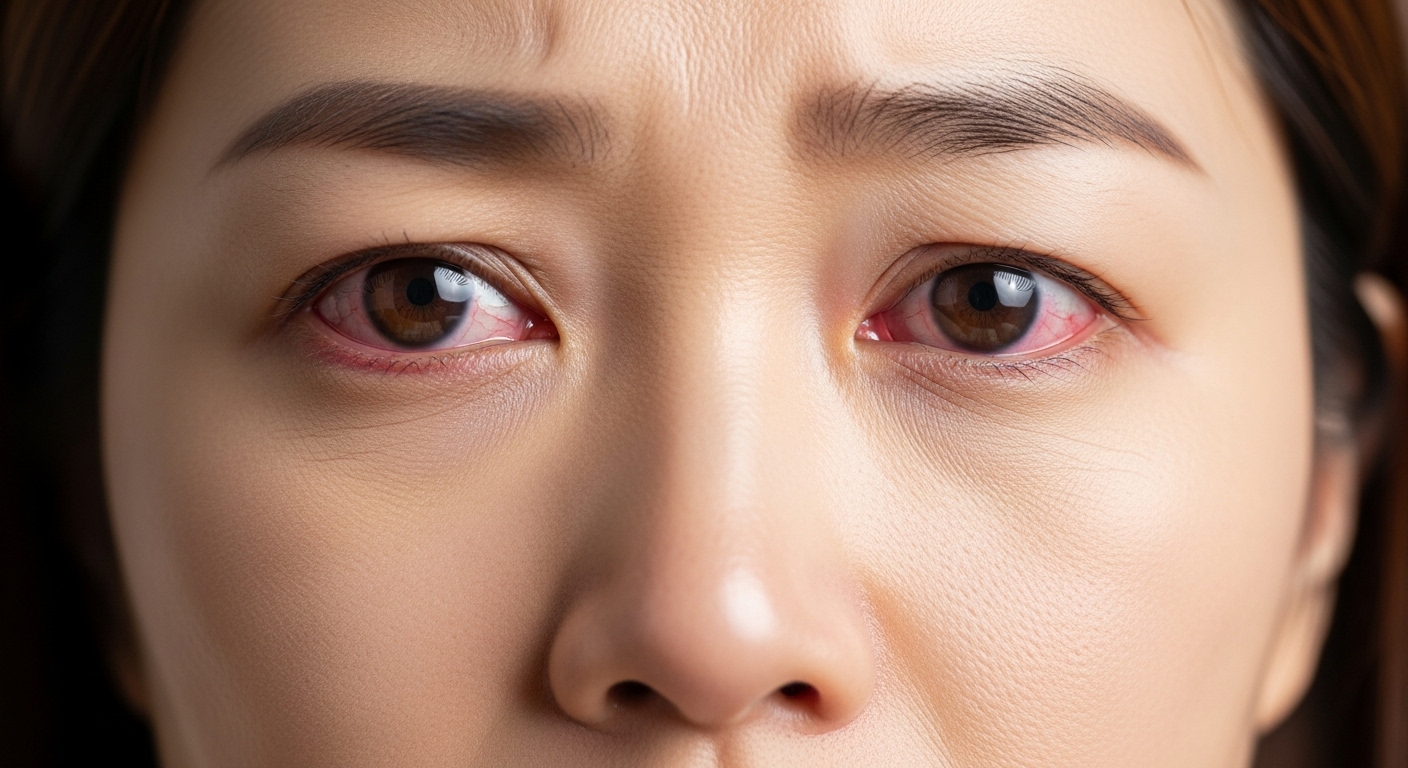 집에서 눈꺼풀 붓기와 자극을 경험하는 여성의 클로즈업