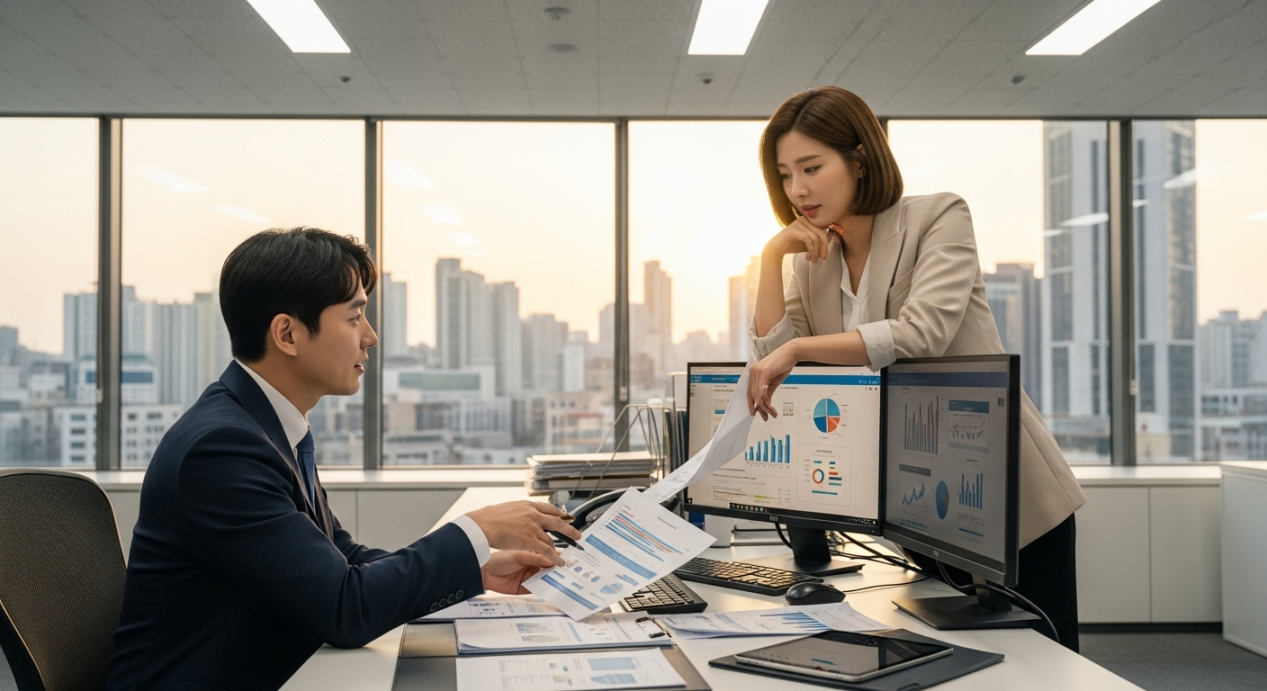 사무실에서 서류를 논의하는 두 동료의 직장 내 풍경