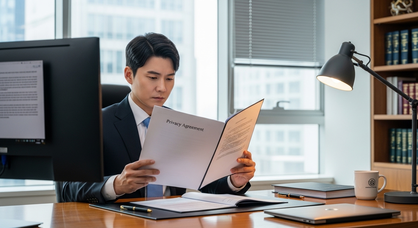 사무실에서 개인정보 보호 서약서를 검토하는 법률 전문가의 집중된 모습
