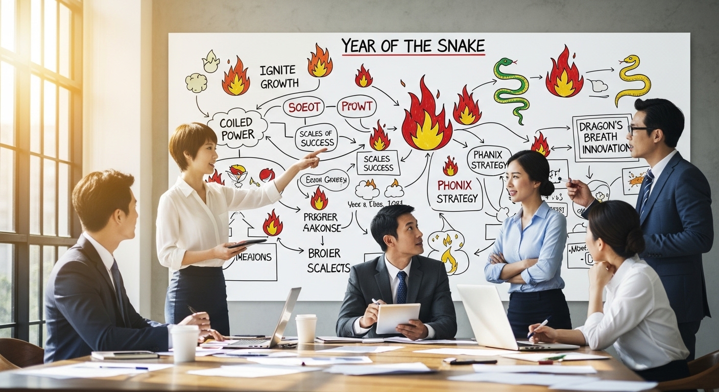 한국 비즈니스 회의에서 임원들이 화기 관련 상징으로 가득 찬 화이트보드 앞에서 아이디어를 브레인스토밍