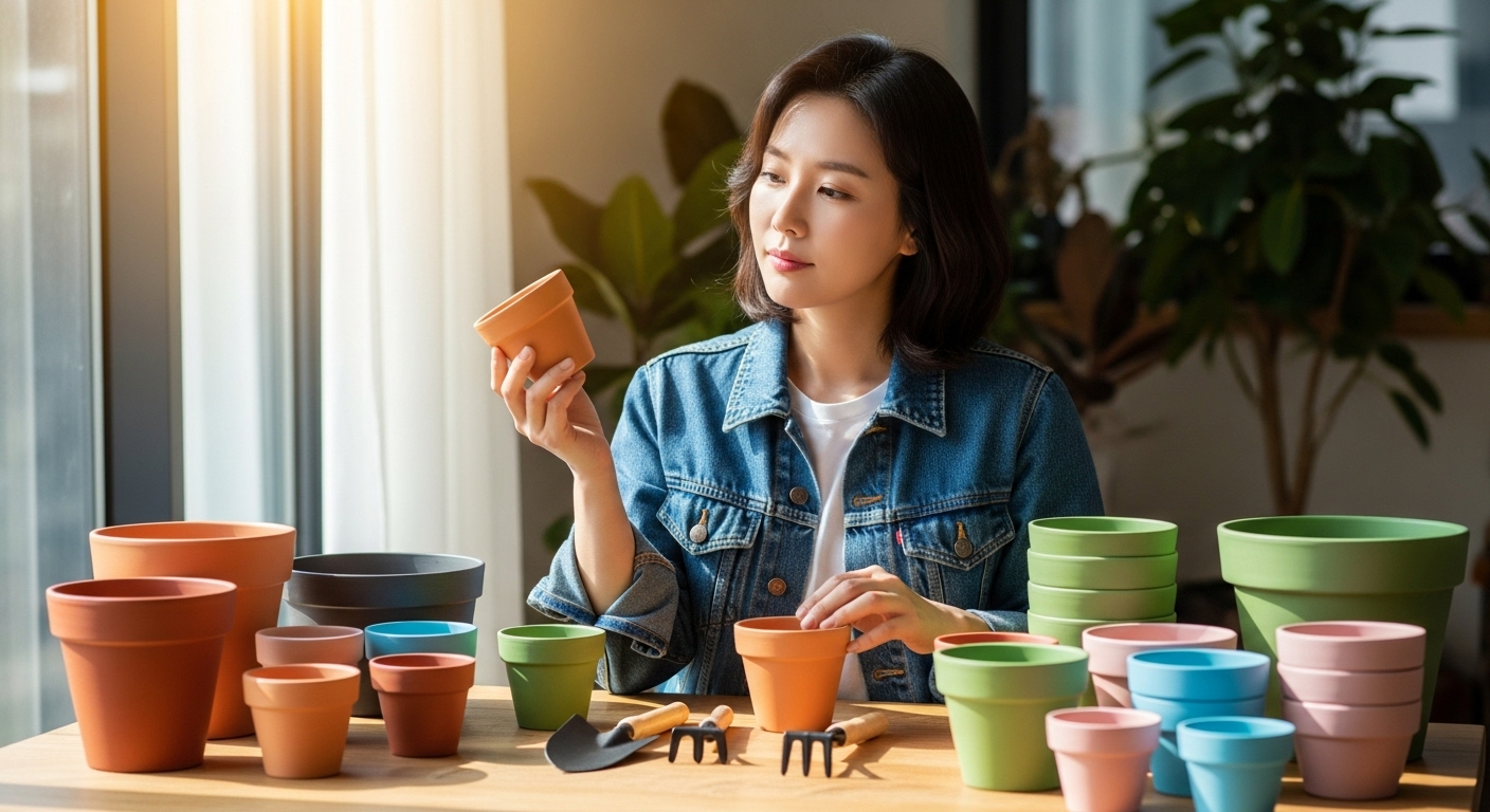 테이블 위에 놓인 다양한 다이소 테라코타와 플라스틱 화분을 살펴보는 장면