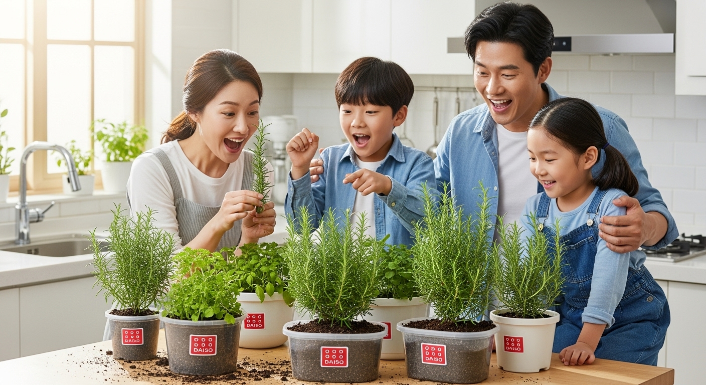주방 정원에서 가족이 다이소 제품으로 자란 무성한 로즈마리를 보며 기뻐하는 모습