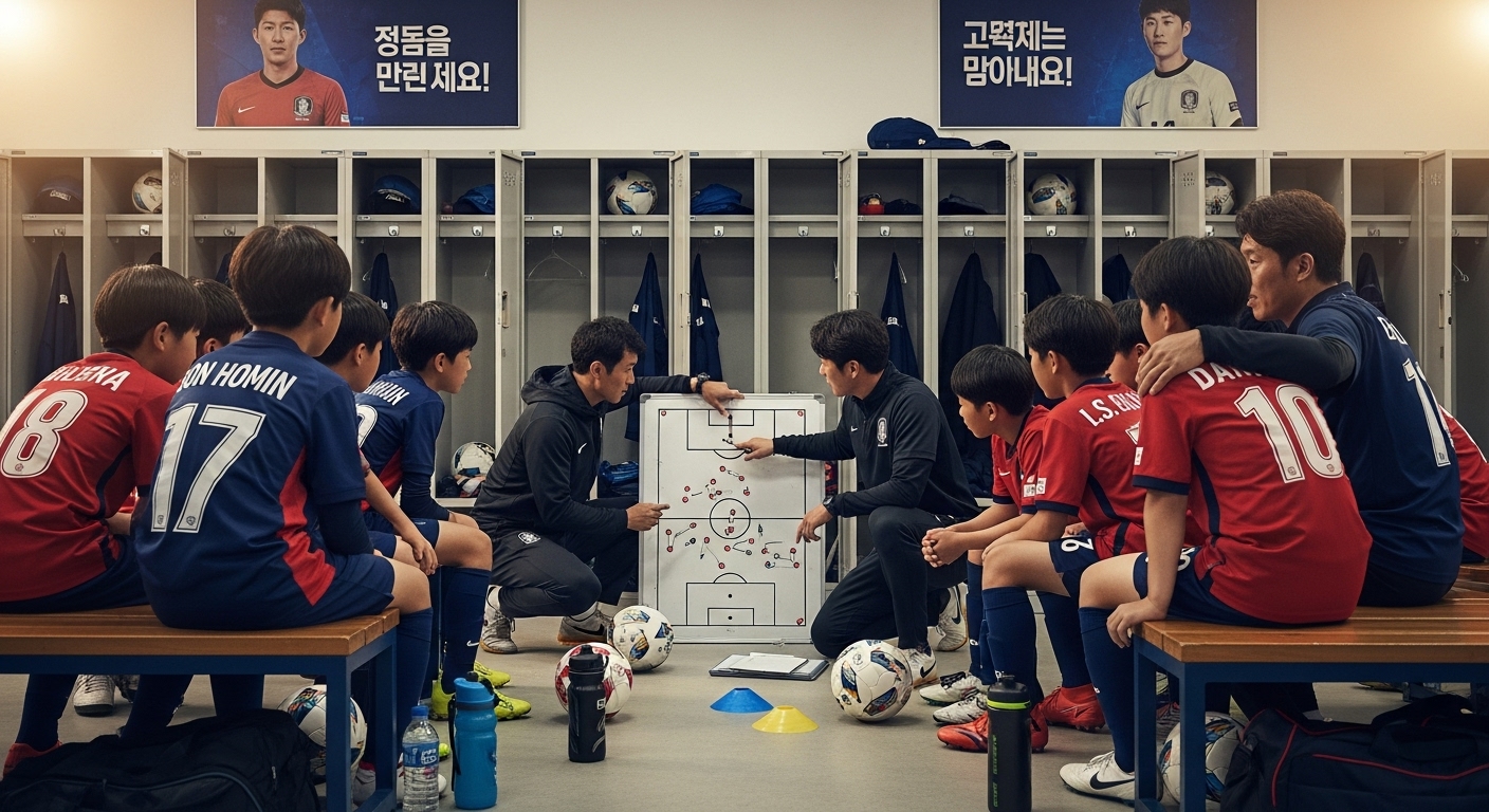 젊은 축구 선수들이 라커룸에서 코치들과 작전을 논의하는 모습