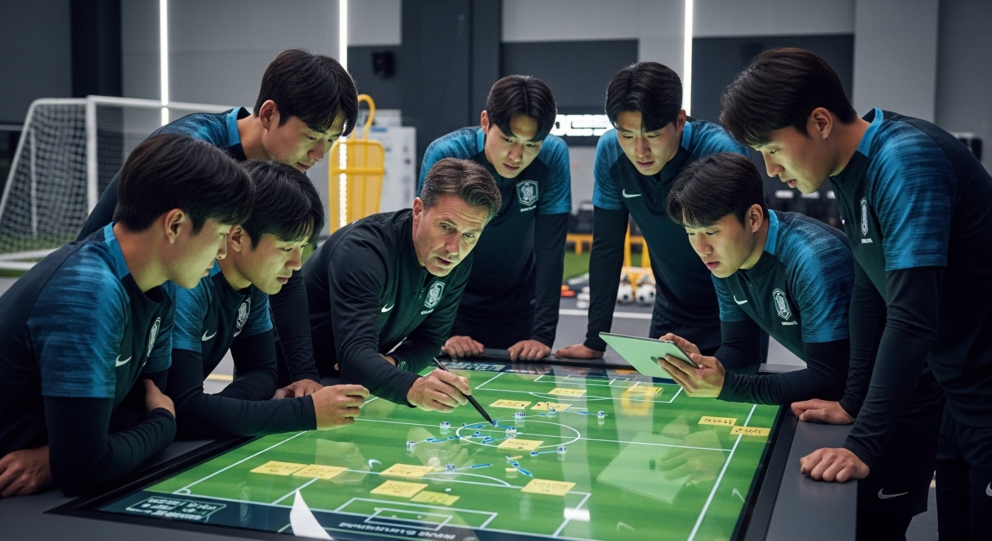 현대적인 스포츠 시설에서 다양한 축구 선수들과 코치가 전술을 검토하는 모습