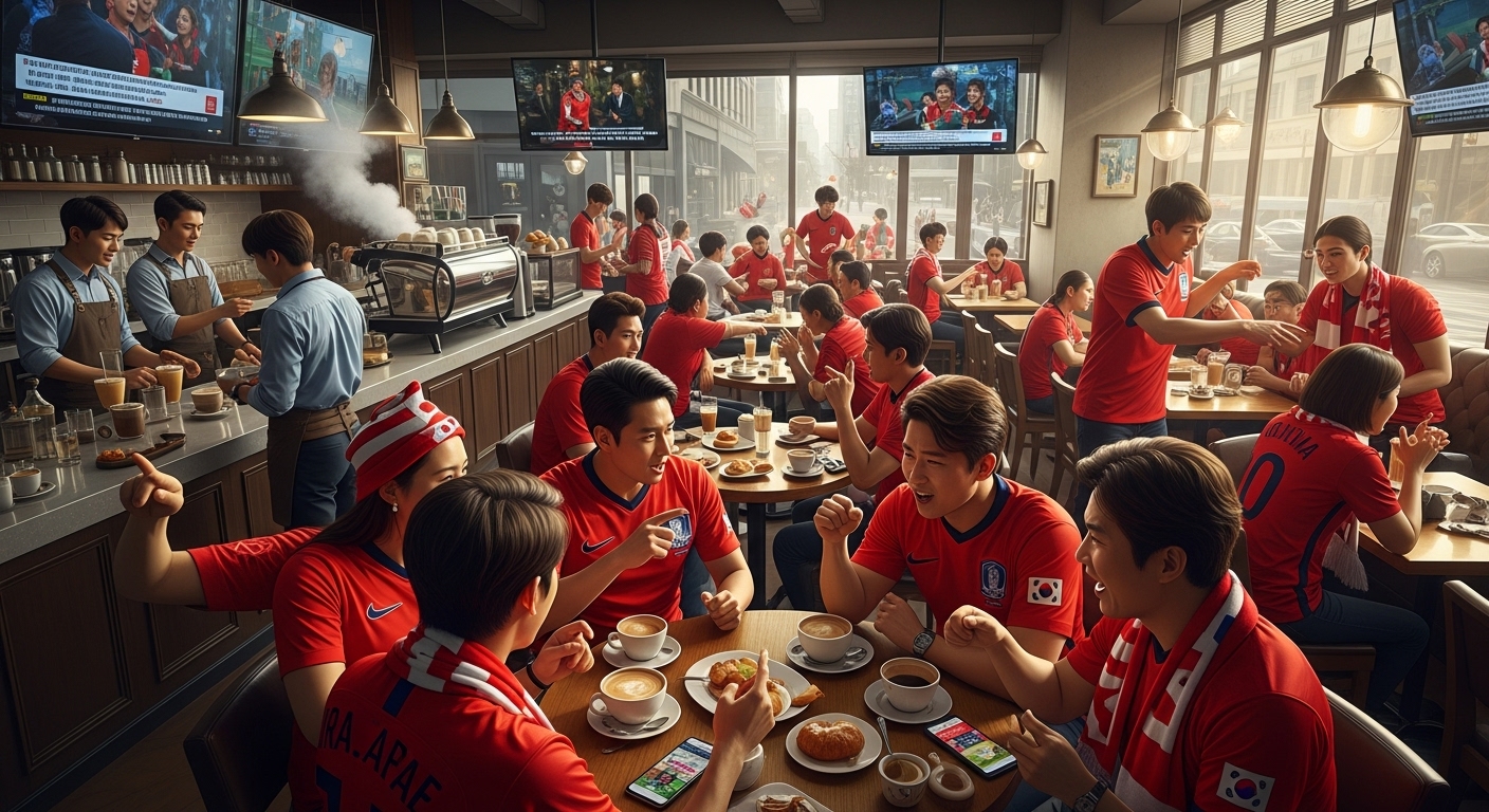 현대적인 카페에서 월드컵 조추첨에 대해 이야기하는 축구 팬들
