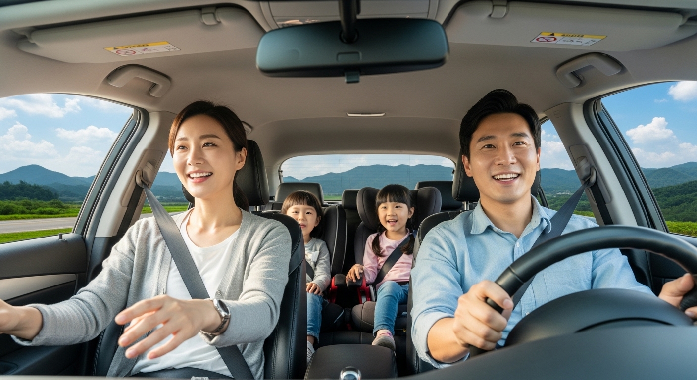 조용하고 편안한 차 안에서 즐거운 가족 여행 중인 행복한 한국 가족의 모습