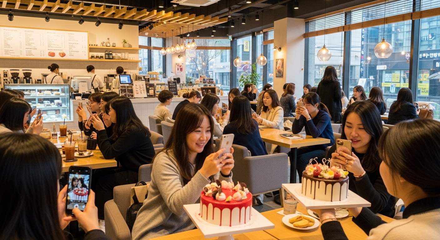 현대적인 카페에서 사람들이 케이크를 사진 찍으며 활기찬 분위기