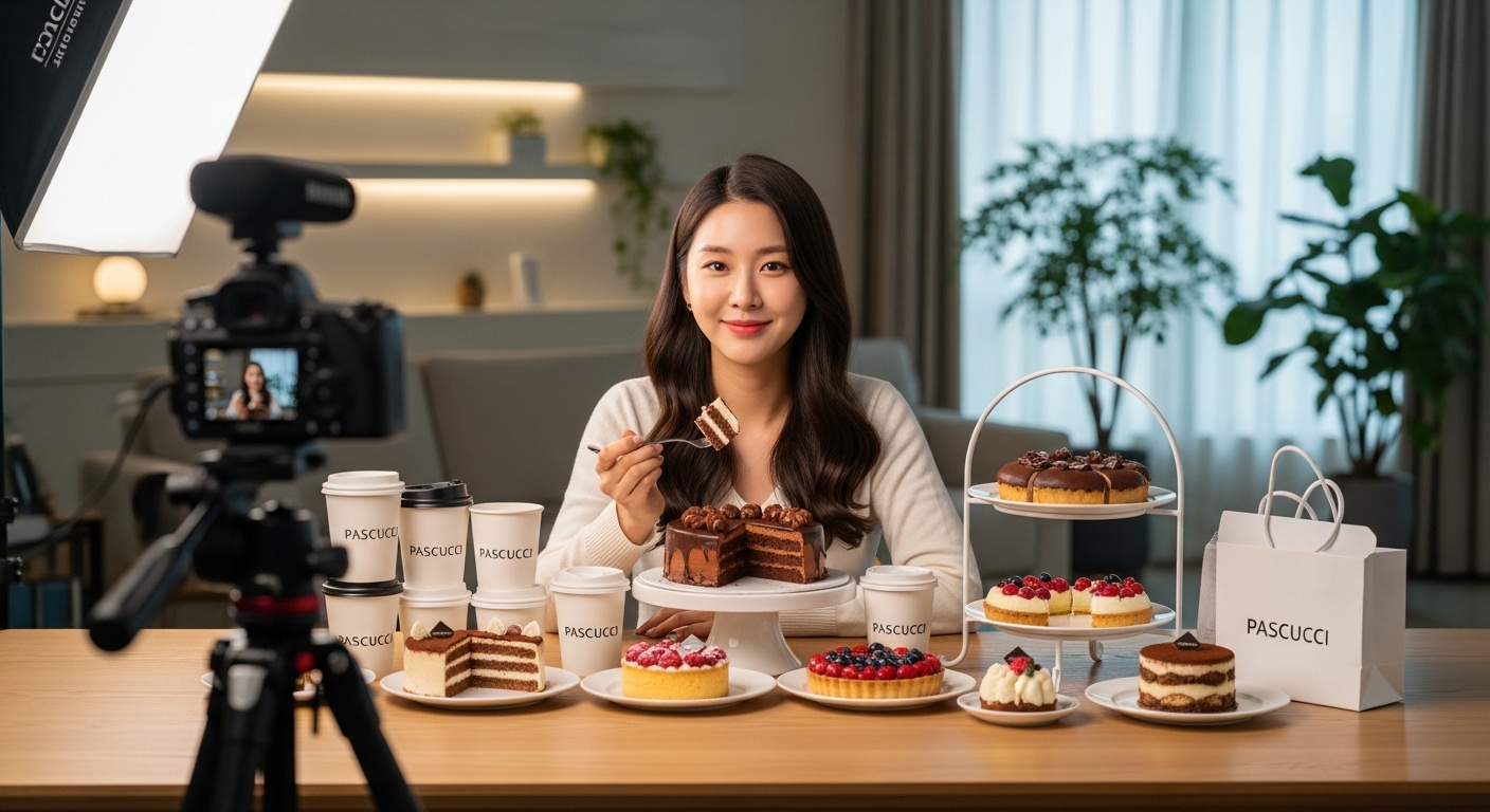 다양한 파스쿠찌 케이크를 리뷰하는 한국인 인플루언서의 스타일리시한 집 내부