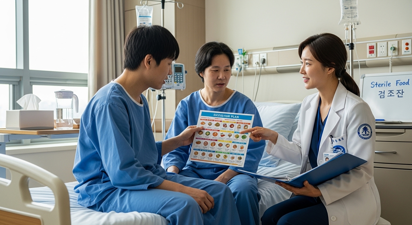 병원에서 영양사와 함께 식단 계획을 논의하는 환자의 모습